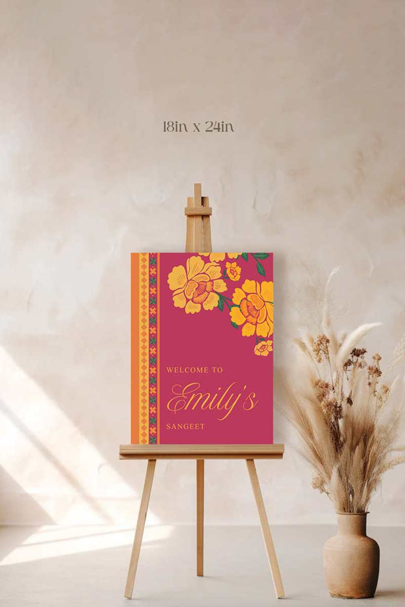 Wedding Welcome Sign with flat florals in the shades of yellow, orange & green phulkari. Indian Wedding Events like jago, sangeet, mehndi, haldi, chunni & maiyan. Personalize and customize in Canva. Print at any local printer around the World.