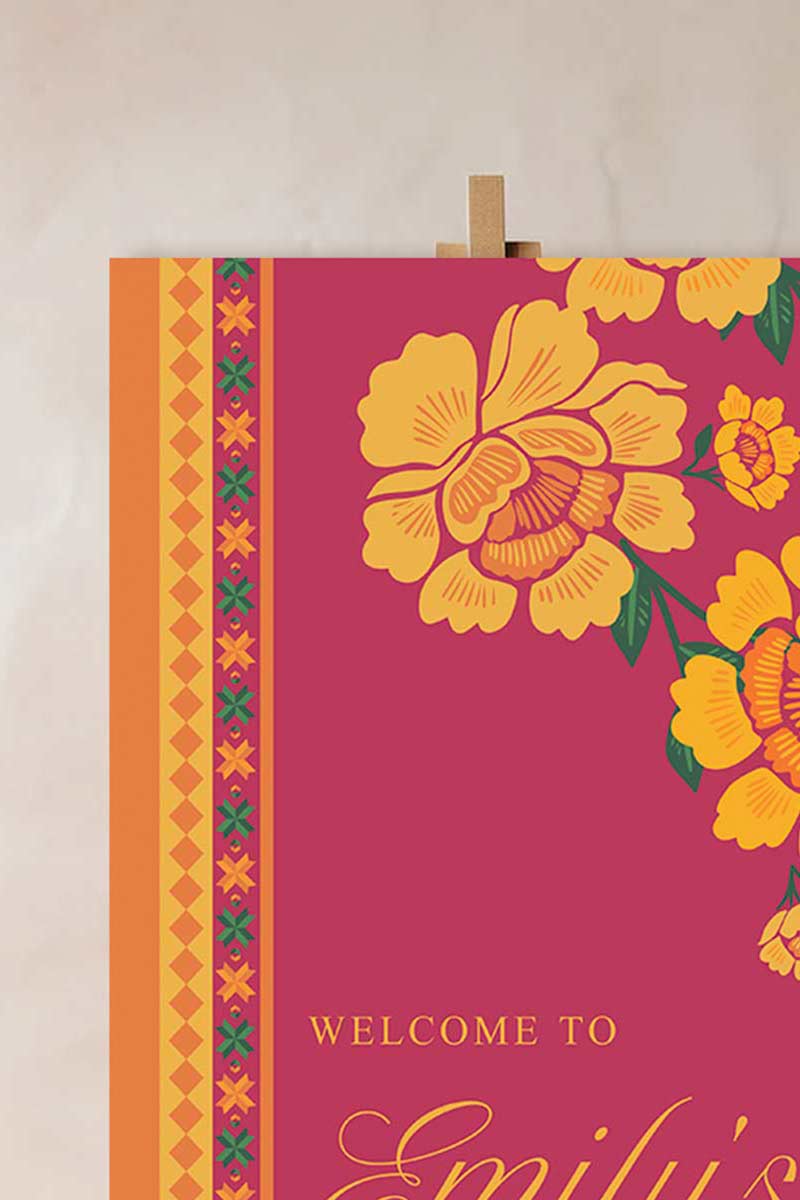 Wedding Welcome Sign with flat florals in the shades of yellow, orange & green phulkari. Indian Wedding Events like jago, sangeet, mehndi, haldi, chunni & maiyan. Personalize and customize in Canva. Print at any local printer around the World.