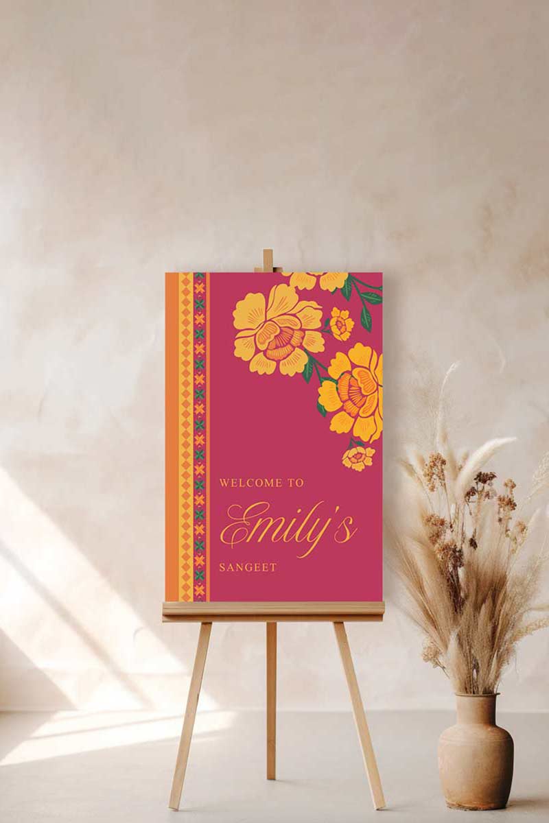 Wedding Welcome Sign with flat florals in the shades of yellow, orange & green phulkari. Indian Wedding Events like jago, sangeet, mehndi, haldi, chunni & maiyan. Personalize and customize in Canva. Print at any local printer around the World.