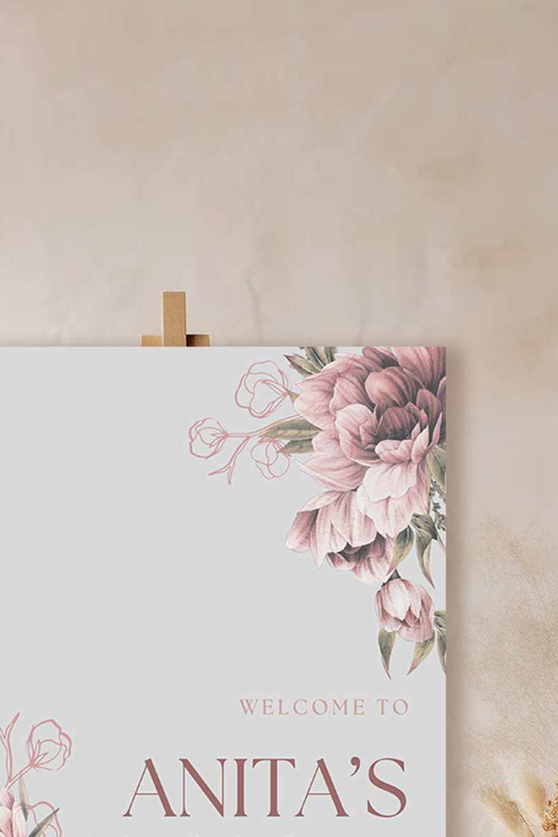 Wedding Welcome Sign with soft florals in the shades of pink, purple, blush & mauve. Indian Wedding Events like engagement, bridal shower baby shower, & wedding. Personalize and customize in Canva. Print at any local printer around the World.