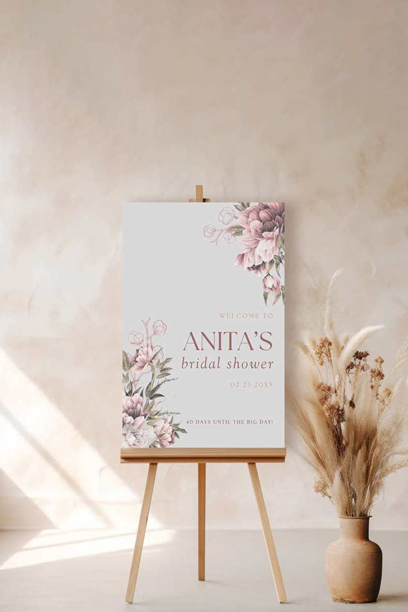 Wedding Welcome Sign with soft florals in the shades of pink, purple, blush & mauve. Indian Wedding Events like engagement, bridal shower baby shower, & wedding. Personalize and customize in Canva. Print at any local printer around the World.