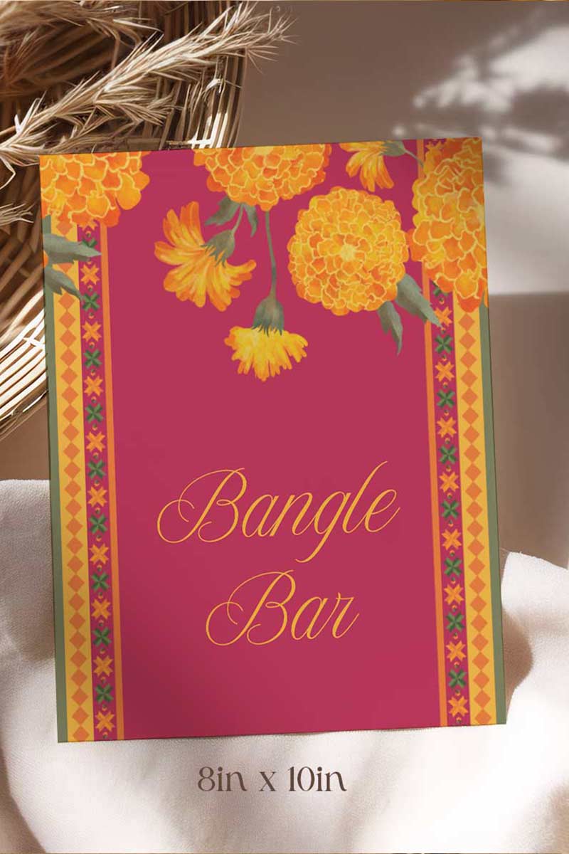 Wedding Stationery Sign with marigold florals in the shades of yellow, orange & green phulkari. Bangle Station, Bindi Bar, Jhumka Bar, Mehndi Station, Chai Station. Personalize and customize in Canva. Print at any local printer around the World.