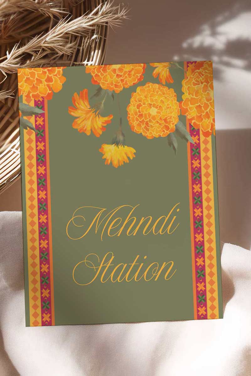 Wedding Stationery Sign with marigold florals in the shades of yellow, orange & green phulkari. Indian Wedding Events like jago, sangeet, mehndi, haldi, chunni & maiyan. Personalize and customize in Canva. Print at any local printer around the World.