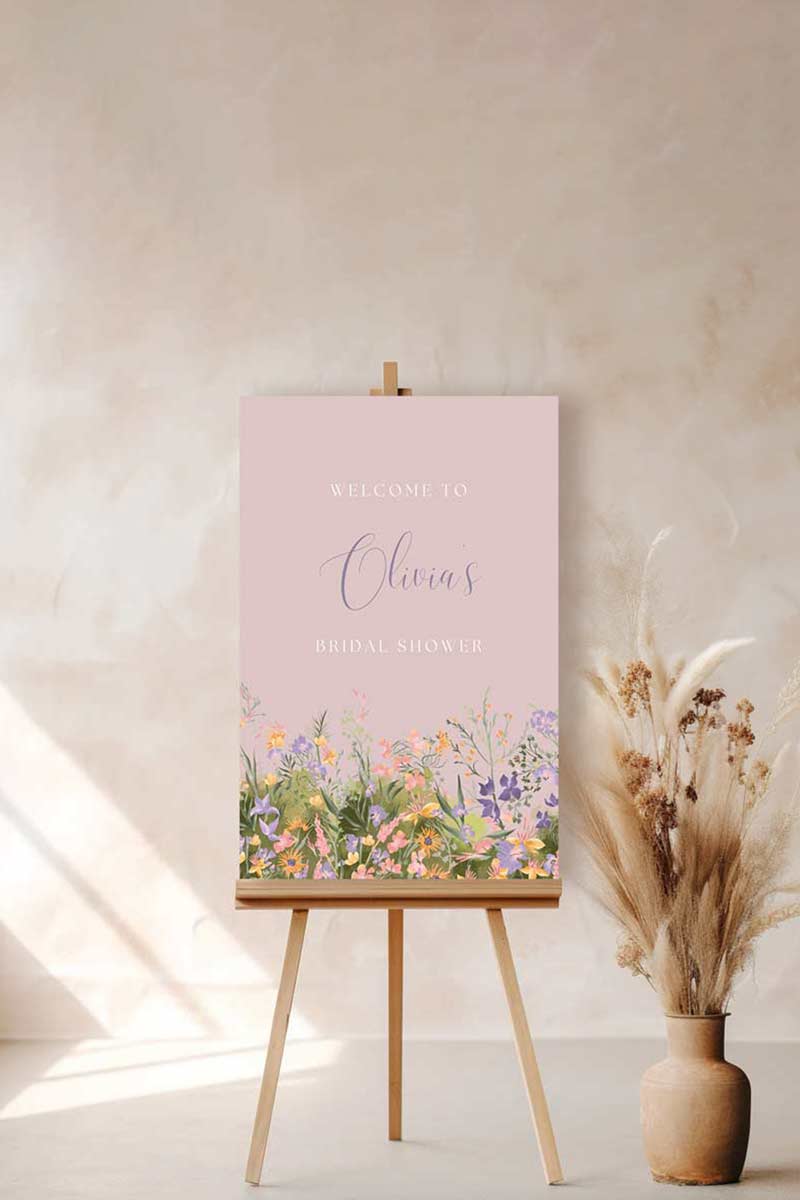Wedding Welcome Sign with soft florals in the shades of pink, purple, blush & mauve. Dior Florals. Wedding Events like engagement, bridal shower baby shower, & wedding. Personalize and customize in Canva. Print at any local printer around the World.