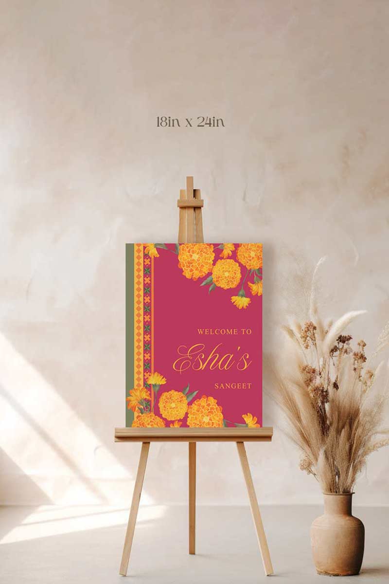 Wedding Welcome Sign with marigold florals in the shades of yellow, orange & green phulkari. Indian Wedding Events like jago, sangeet, mehndi, haldi, chunni & maiyan. Personalize and customize in Canva. Print at any local printer around the World.