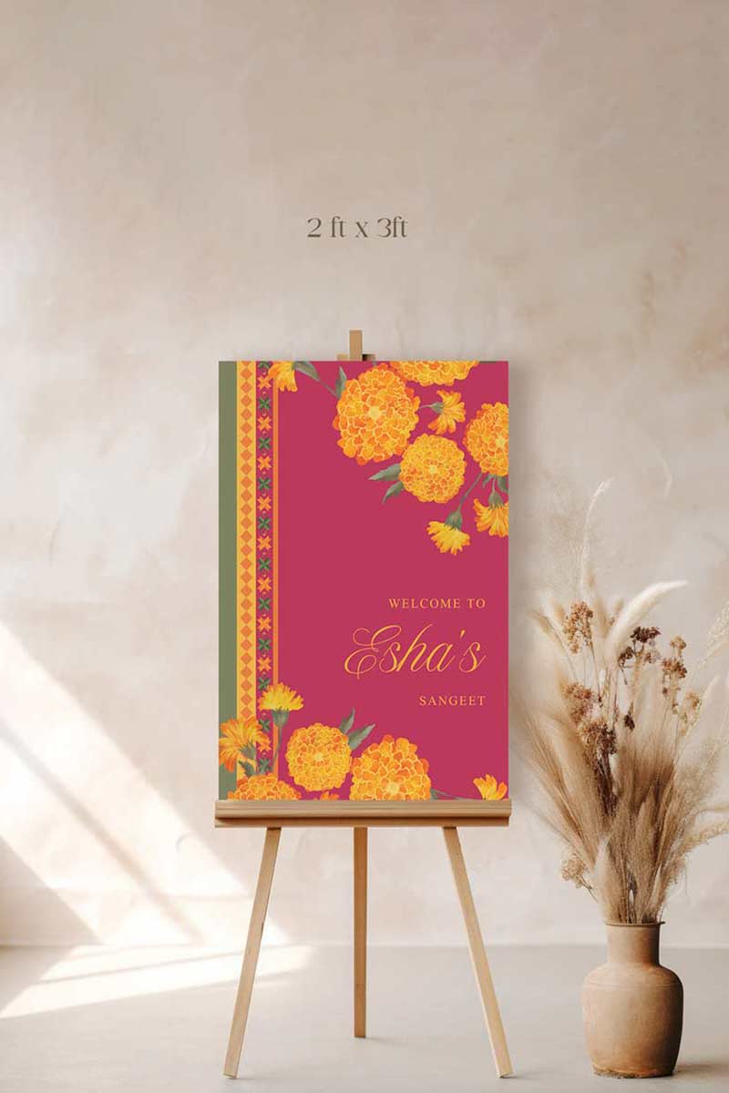Wedding Welcome Sign with marigold florals in the shades of yellow, orange & green phulkari. Indian Wedding Events like jago, sangeet, mehndi, haldi, chunni & maiyan. Personalize and customize in Canva. Print at any local printer around the World.