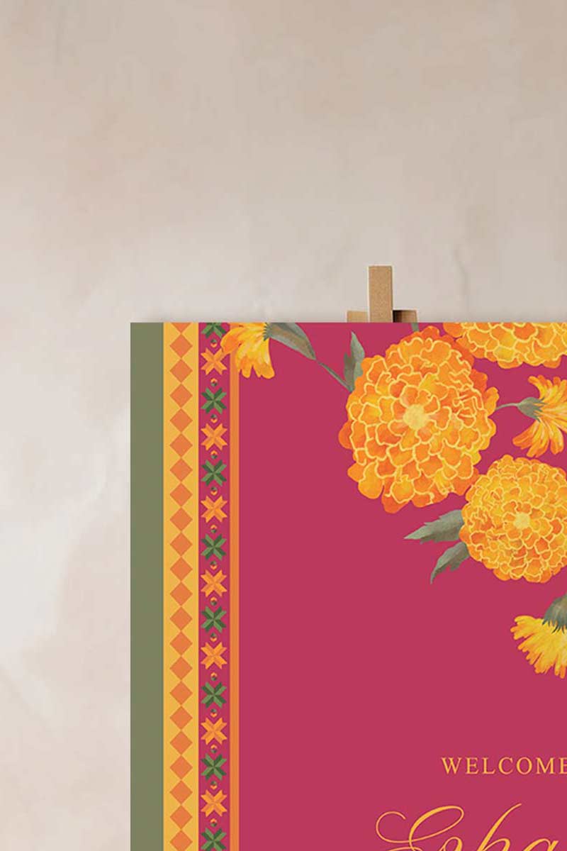 Wedding Welcome Sign with marigold florals in the shades of yellow, orange & green phulkari. Indian Wedding Events like jago, sangeet, mehndi, haldi, chunni & maiyan. Personalize and customize in Canva. Print at any local printer around the World.