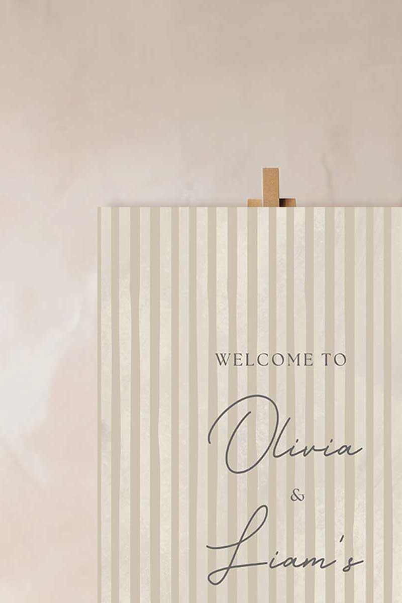 Soft stripped welcome sign for event celebrations. Soft beige. Signage for various celebrations. Weddings, Engagement, Baby Shower, Birthdays. Personalize and customize in Canva. Print at any local printer around the World