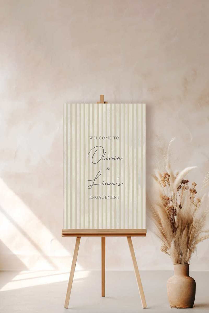 Soft stripped welcome sign for event celebrations. Soft beige. Signage for various celebrations. Weddings, Engagement, Baby Shower, Birthdays. Personalize and customize in Canva. Print at any local printer around the World