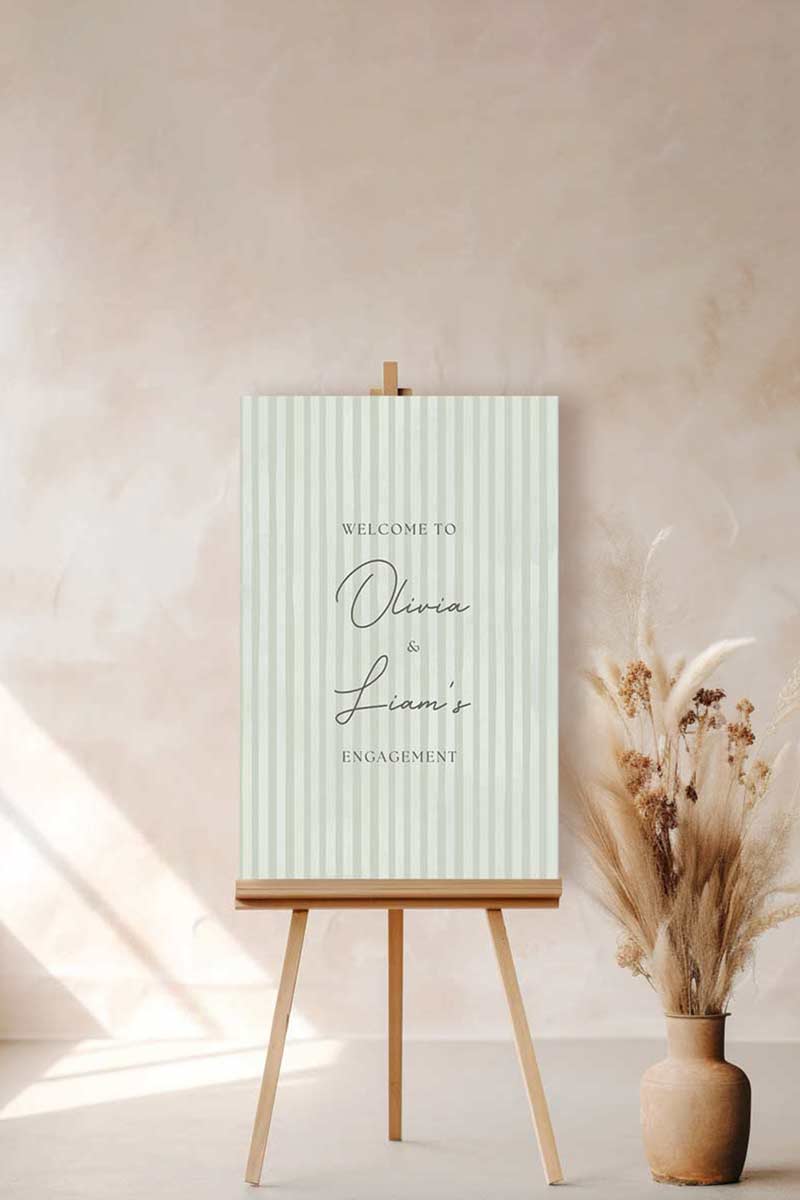 Soft stripped welcome sign for event celebrations. Soft green. Signage for various celebrations. Weddings, Engagement, Baby Shower, Birthdays. Personalize and customize in Canva. Print at any local printer around the World