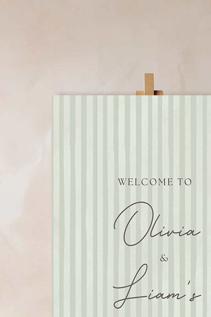Soft stripped welcome sign for event celebrations. Soft green. Signage for various celebrations. Weddings, Engagement, Baby Shower, Birthdays. Personalize and customize in Canva. Print at any local printer around the World