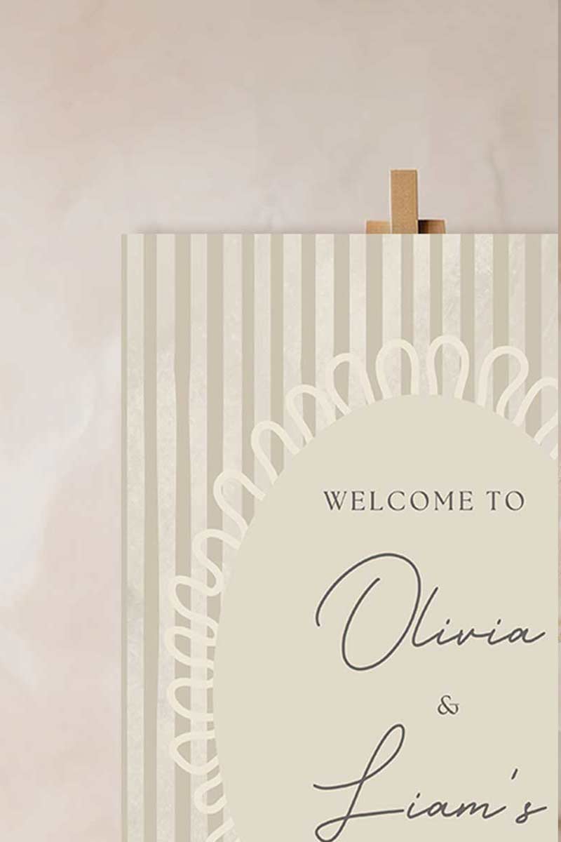 Striped welcome sign. Bridal shower sign. beige. Celebration events for engagement, birthday, baby shower or weddings. Wedding & event stationery. Personalize & customize in Canva. Digital Download. Print around the world at a local print shop