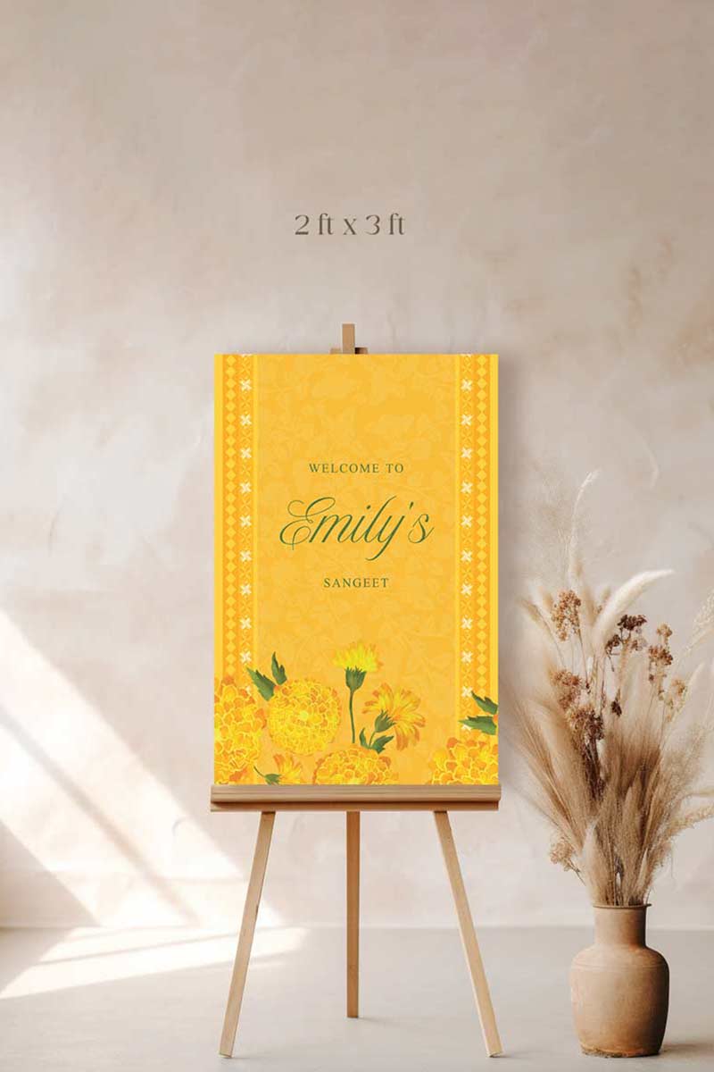Wedding Welcome Sign with marigold florals in the shades of yellow, orange & green phulkari. Indian Wedding Events like jago, sangeet, mehndi, haldi, chunni & maiyan. Personalize and customize in Canva. Print at any local printer around the World.