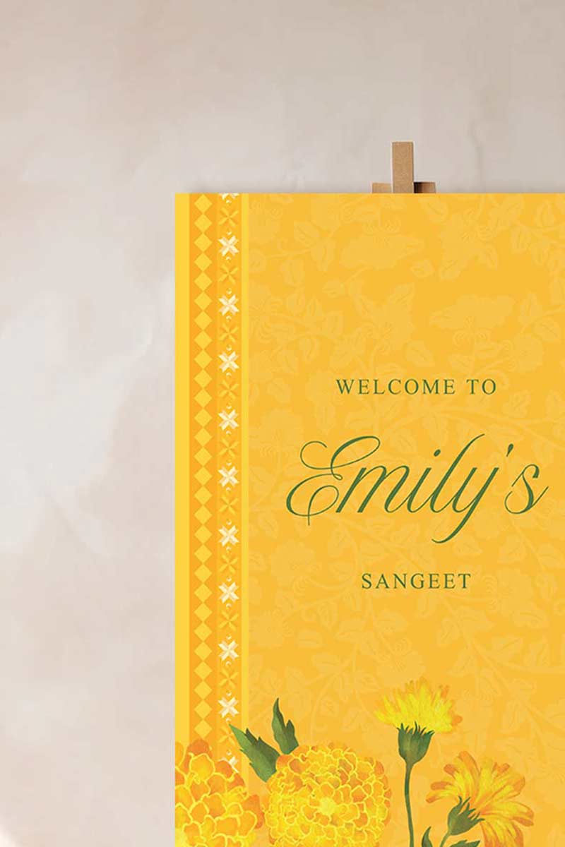 Wedding Welcome Sign with marigold florals in the shades of yellow, orange & green phulkari. Indian Wedding Events like jago, sangeet, mehndi, haldi, chunni & maiyan. Personalize and customize in Canva. Print at any local printer around the World.