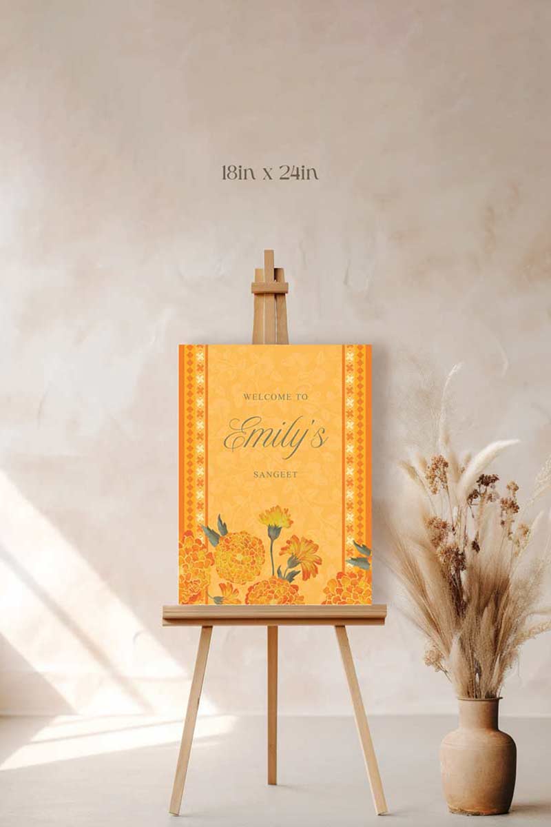 Wedding Welcome Sign with marigold florals in the shades of yellow, orange & green phulkari. Indian Wedding Events like jago, sangeet, mehndi, haldi, chunni & maiyan. Personalize and customize in Canva. Print at any local printer around the World.