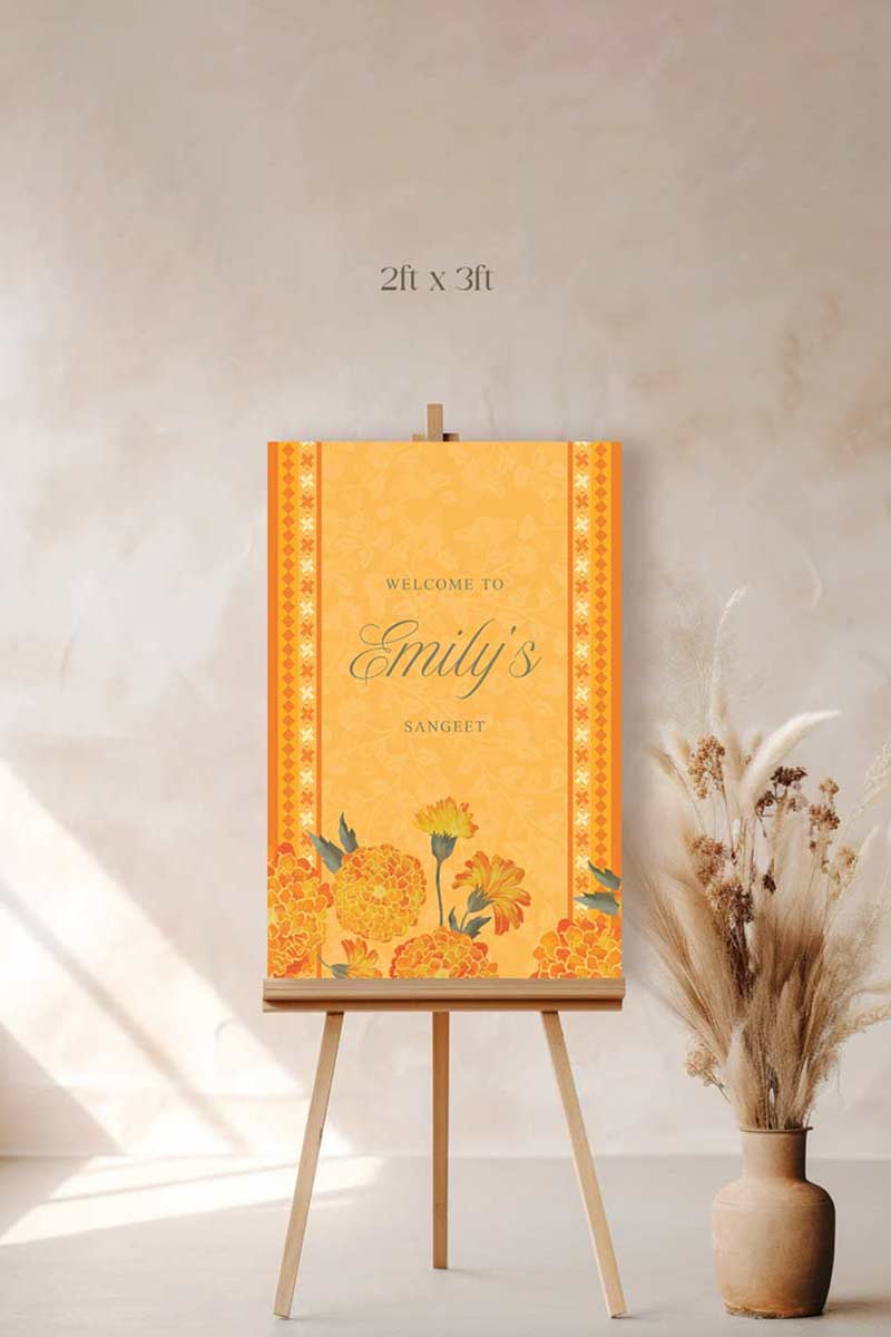 Wedding Welcome Sign with marigold florals in the shades of yellow, orange & green phulkari. Indian Wedding Events like jago, sangeet, mehndi, haldi, chunni & maiyan. Personalize and customize in Canva. Print at any local printer around the World.