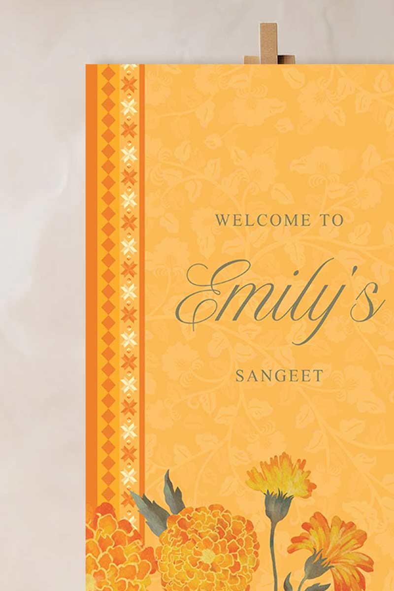 Wedding Welcome Sign with marigold florals in the shades of yellow, orange & green phulkari. Indian Wedding Events like jago, sangeet, mehndi, haldi, chunni & maiyan. Personalize and customize in Canva. Print at any local printer around the World.