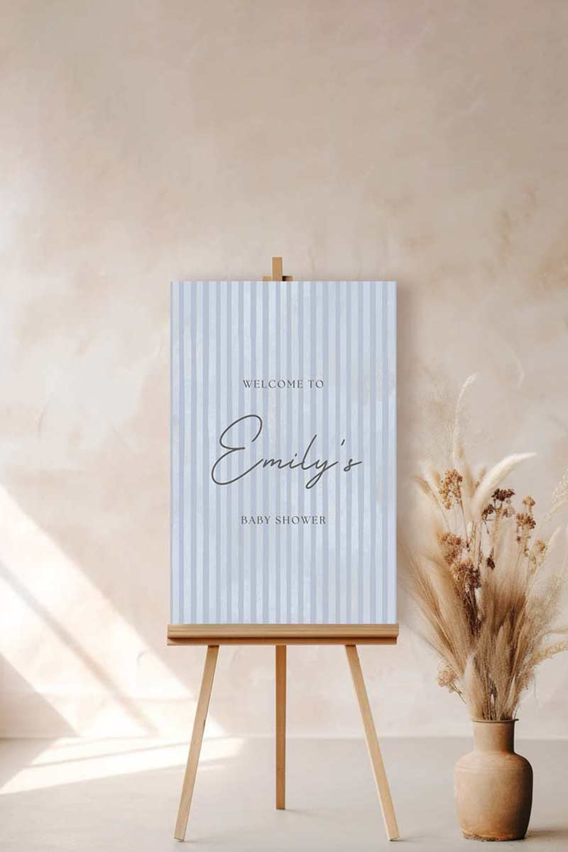 Soft stripped welcome sign for event celebrations. Soft blue. Signage for various celebrations. Weddings, Engagement, Baby Shower, Birthdays. Personalize and customize in Canva. Print at any local printer around the World