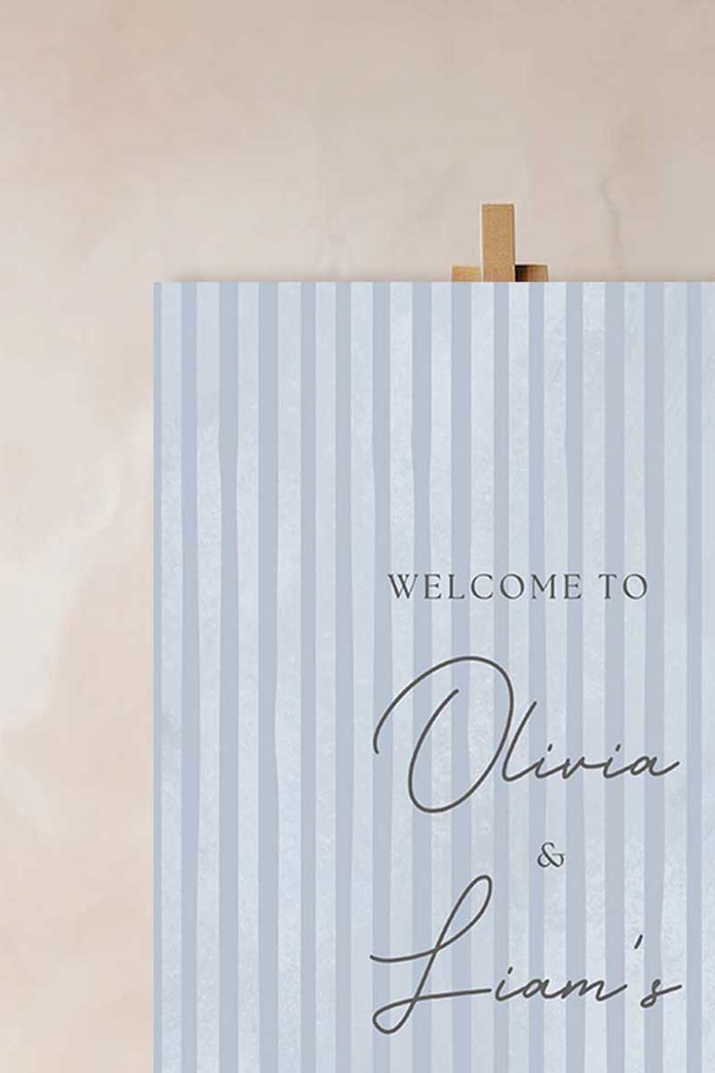 Soft stripped welcome sign for event celebrations. Soft blue. Signage for various celebrations. Weddings, Engagement, Baby Shower, Birthdays. Personalize and customize in Canva. Print at any local printer around the World