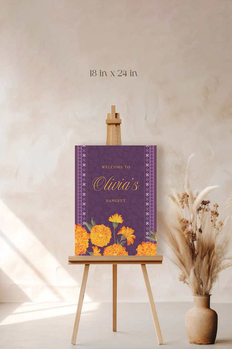 Wedding Welcome Sign with marigold florals in the shades of purple, yellow, & orange. phulkari. Indian Wedding Events like jago, sangeet, mehndi, haldi, chunni & maiyan. Personalize and customize in Canva. Print at any local printer around the World.