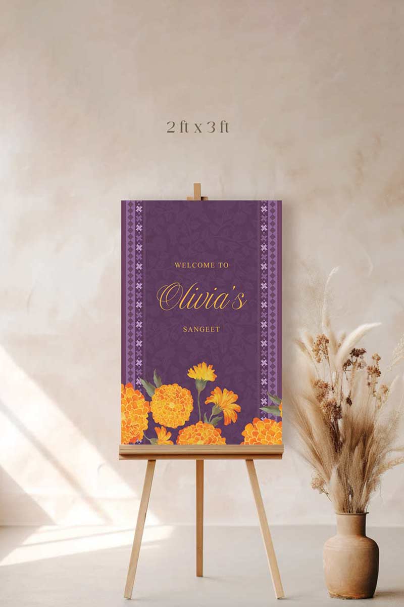Wedding Welcome Sign with marigold florals in the shades of purple, yellow, & orange. phulkari. Indian Wedding Events like jago, sangeet, mehndi, haldi, chunni & maiyan. Personalize and customize in Canva. Print at any local printer around the World.