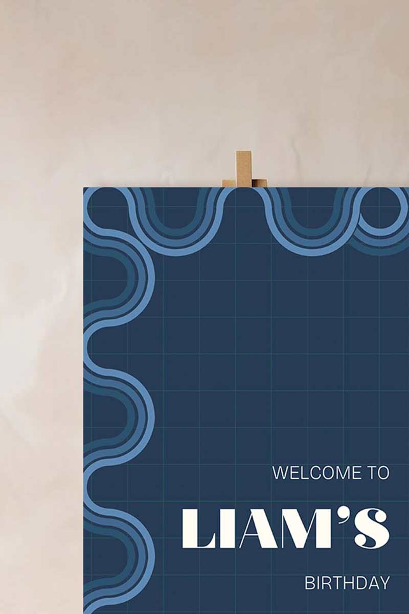 90s Retro Welcome Sign with waves & curves in the shades of blue, & white. Birthday Events, themed corporate events. Indian Wedding Events. Personalize and customize in Canva. Print at any local printer around the World.