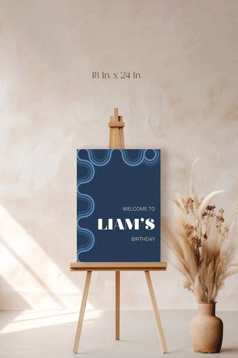 90s Retro Welcome Sign with waves & curves in the shades of blue, & white. Birthday Events, themed corporate events. Indian Wedding Events. Personalize and customize in Canva. Print at any local printer around the World.