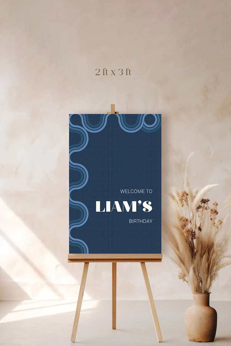 90s Retro Welcome Sign with waves & curves in the shades of blue, & white. Birthday Events, themed corporate events. Indian Wedding Events. Personalize and customize in Canva. Print at any local printer around the World.