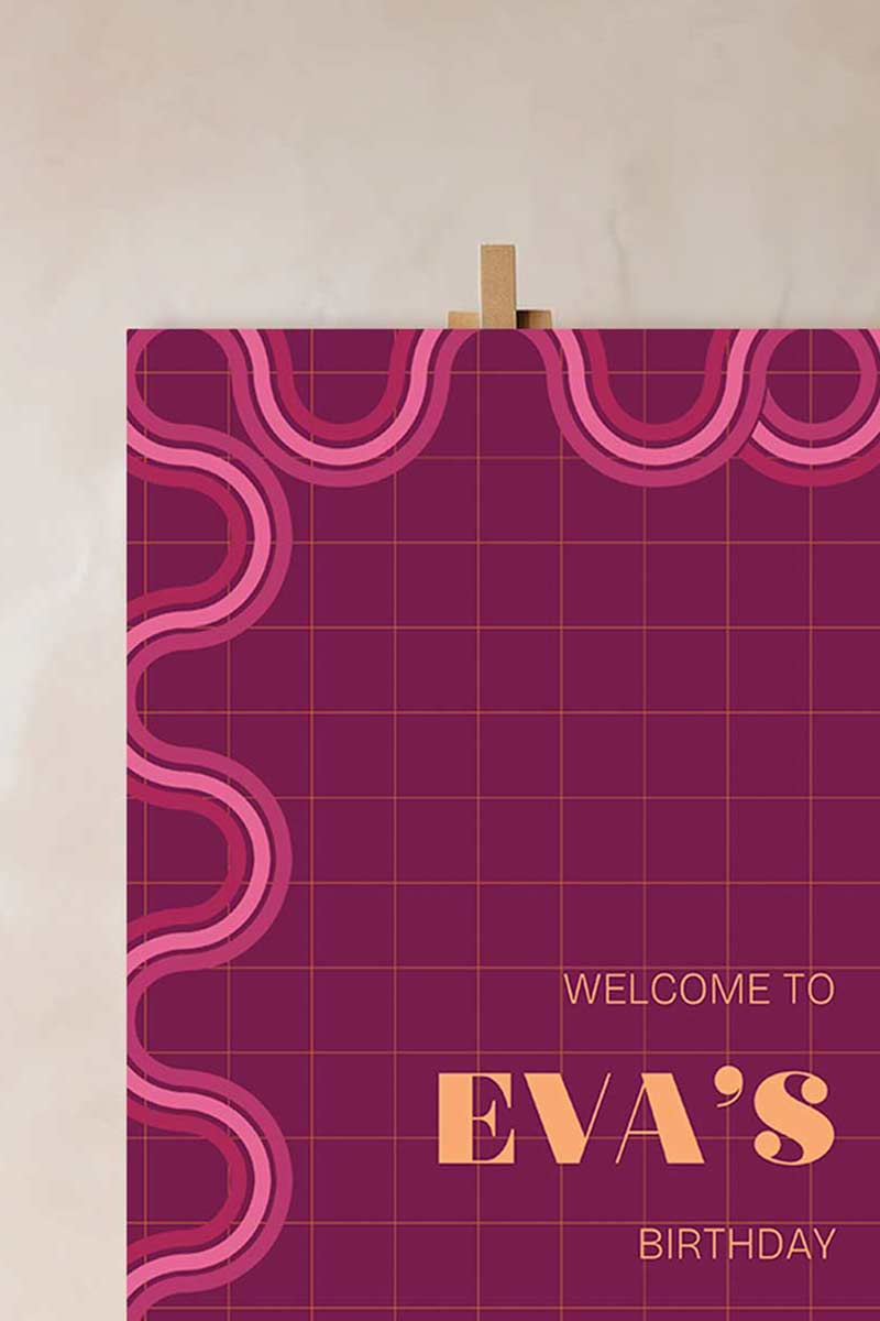 90s Retro Welcome Sign with waves & curves in the shades of pink, & yellow. Birthday Events, themed corporate events. Indian Wedding Events. Personalize and customize in Canva. Print at any local printer around the World.