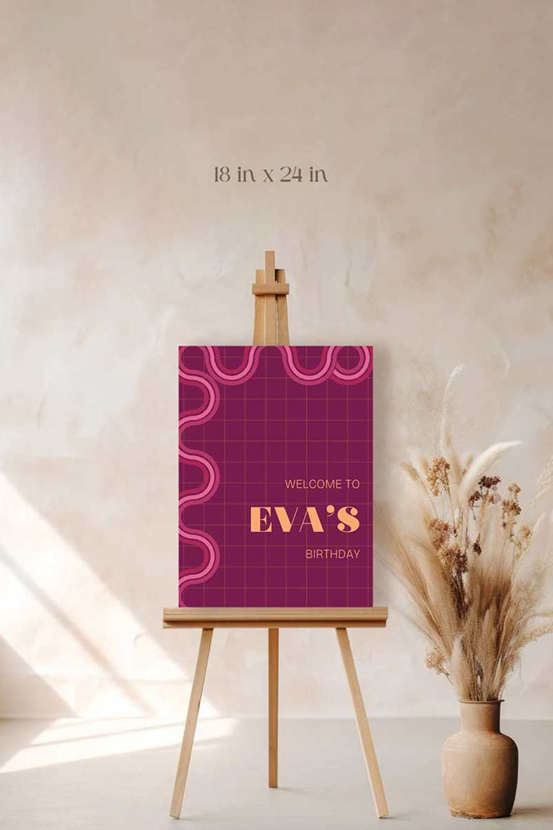 90s Retro Welcome Sign with waves & curves in the shades of pink, & yellow. Birthday Events, themed corporate events. Indian Wedding Events. Personalize and customize in Canva. Print at any local printer around the World.