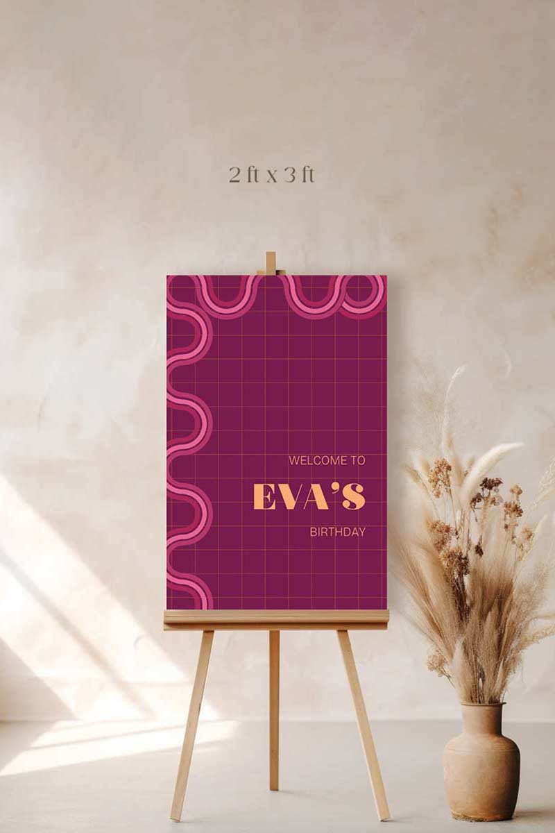 90s Retro Welcome Sign with waves & curves in the shades of pink, & yellow. Birthday Events, themed corporate events. Indian Wedding Events. Personalize and customize in Canva. Print at any local printer around the World.