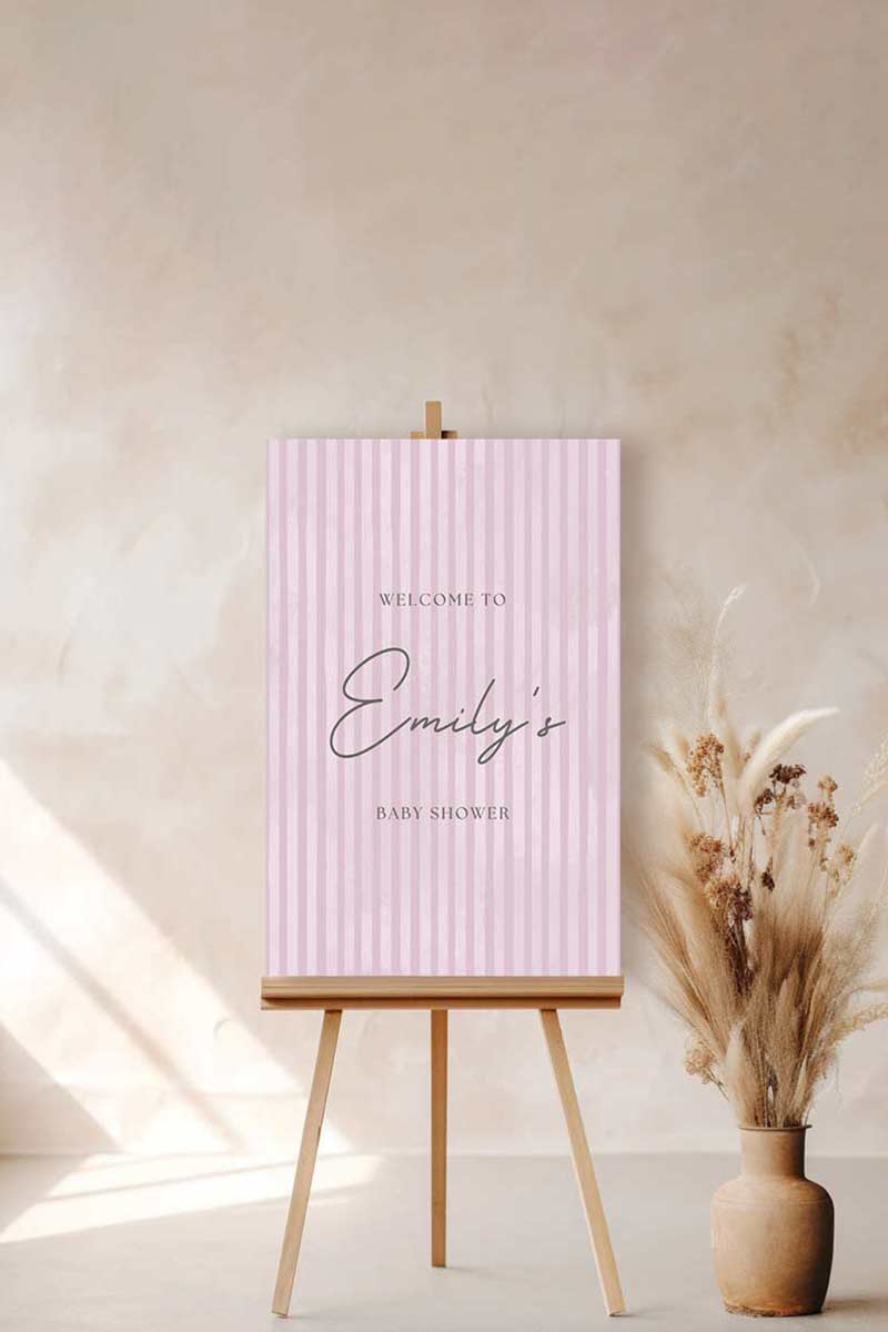 Soft stripped welcome sign for event celebrations. Soft pink. Signage for various celebrations. Weddings, Engagement, Baby Shower, Birthdays, Gender Reveal. Personalize and customize in Canva. Print at any local printer around the World
