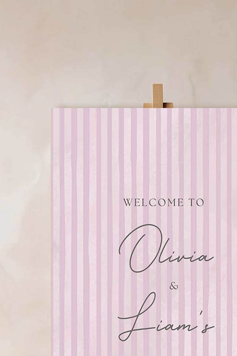 Soft stripped welcome sign for event celebrations. Soft pink. Signage for various celebrations. Weddings, Engagement, Baby Shower, Birthdays, Gender Reveal. Personalize and customize in Canva. Print at any local printer around the World