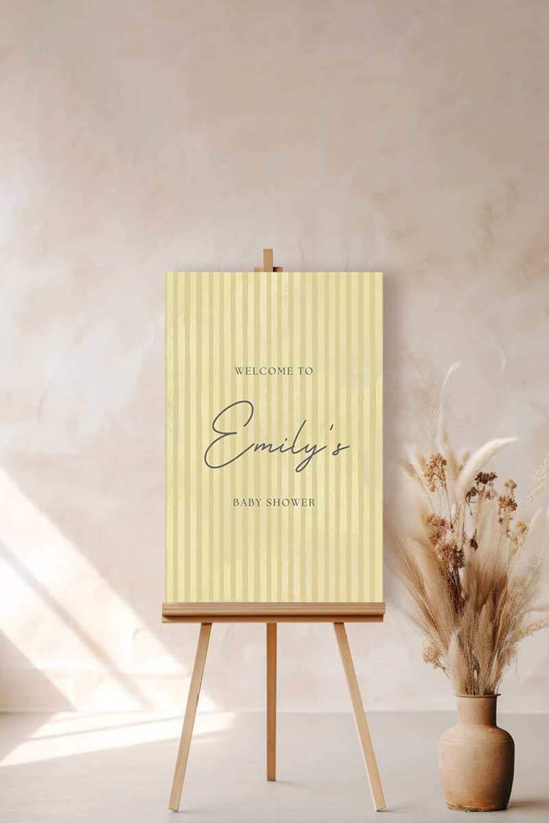 Soft stripped welcome sign for event celebrations. Soft yellow. Signage for various celebrations. Weddings, Engagement, Baby Shower, Birthdays, Gender Reveal. Personalize and customize in Canva. Print at any local printer around the World