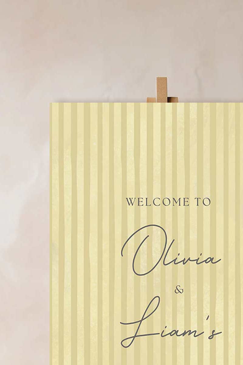 Soft stripped welcome sign for event celebrations. Soft yellow. Signage for various celebrations. Weddings, Engagement, Baby Shower, Birthdays, Gender Reveal. Personalize and customize in Canva. Print at any local printer around the World
