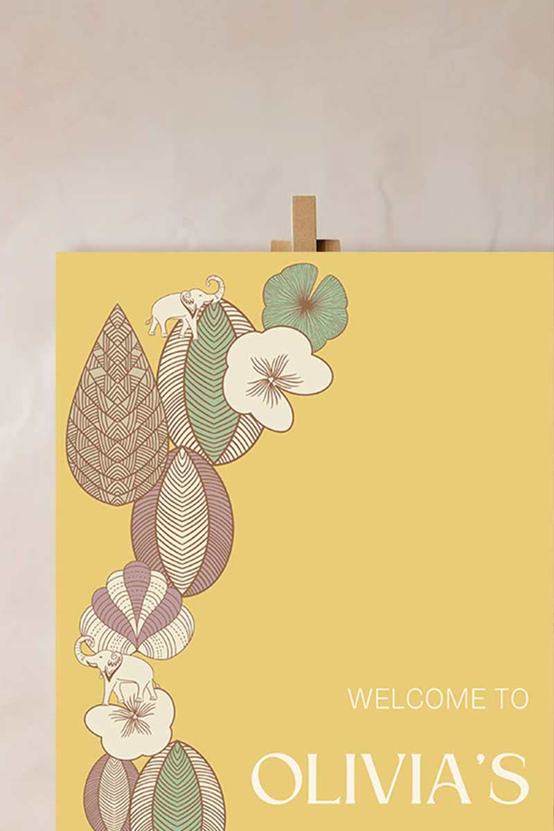 Soft floral & elephant welcome sign for event celebrations. Soft yellow. Signage for various celebrations. Weddings, Gender Reveal, Baby Shower, Birthdays. Personalize and customize in Canva. Print at any local printer around the World