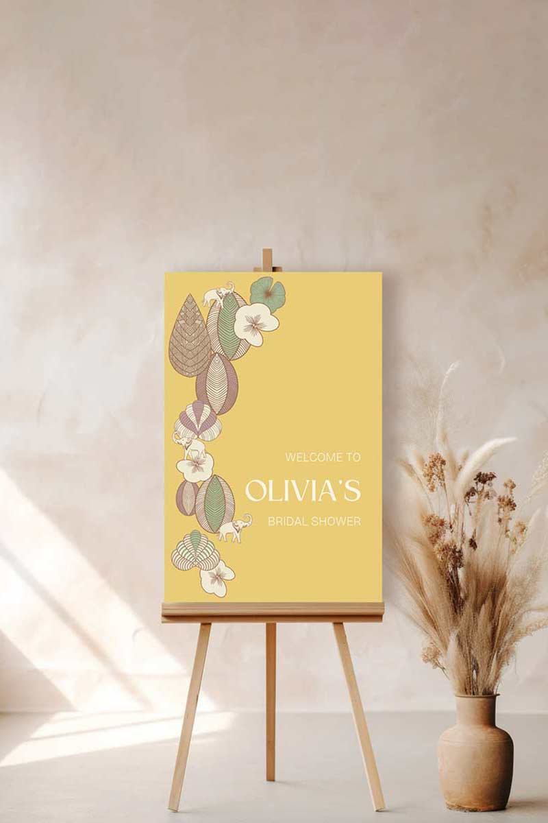 Soft floral & elephant welcome sign for event celebrations. Soft yellow. Signage for various celebrations. Weddings, Gender Reveal, Baby Shower, Birthdays. Personalize and customize in Canva. Print at any local printer around the World