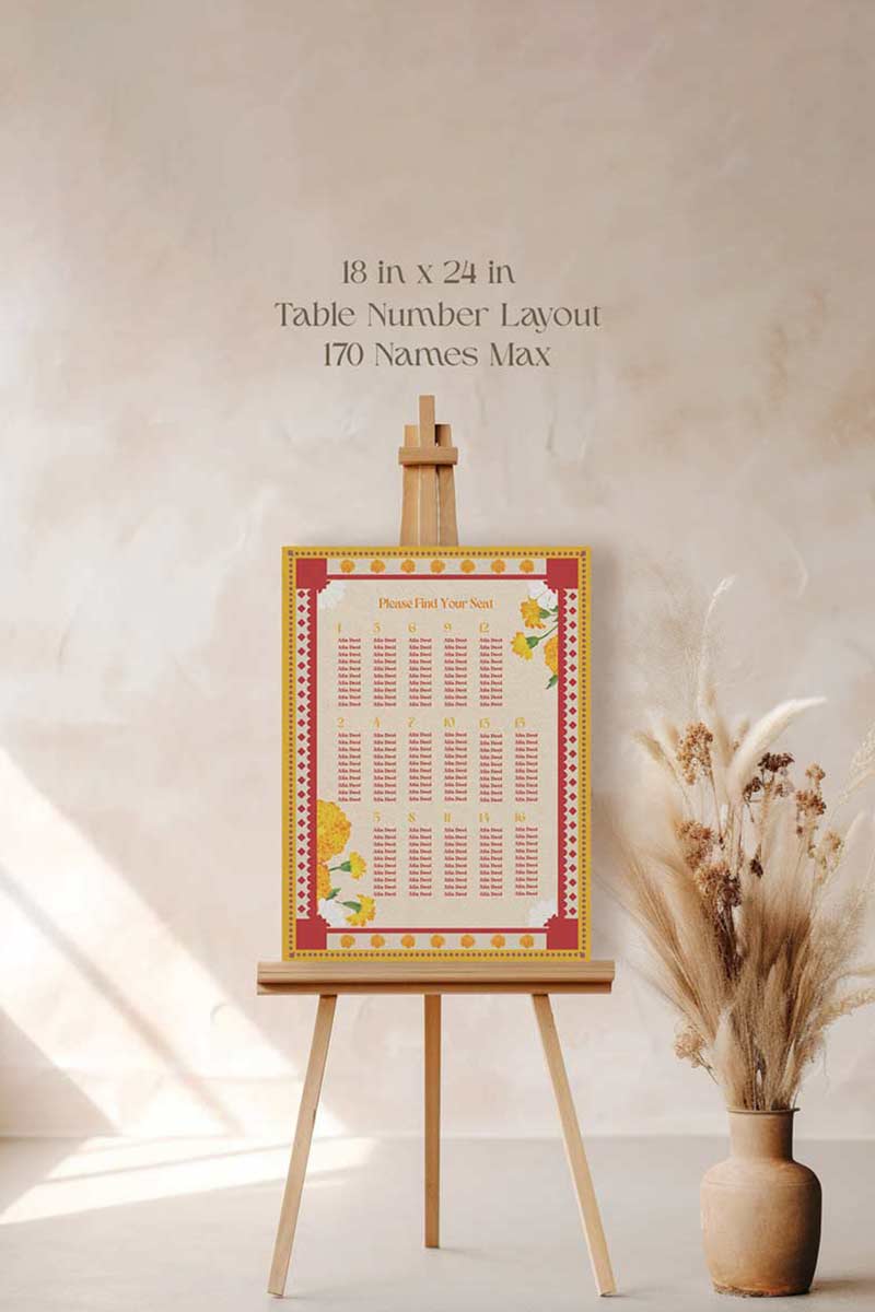 Retro Wedding Seating Chart with yellow & orange marigold florals. Indian Wedding events for Sangeet, Haldi, Maiyan or Jago. Wedding Signage. Personalize and customize in Canva. Digital Download.  Print around the world at a local print shop.