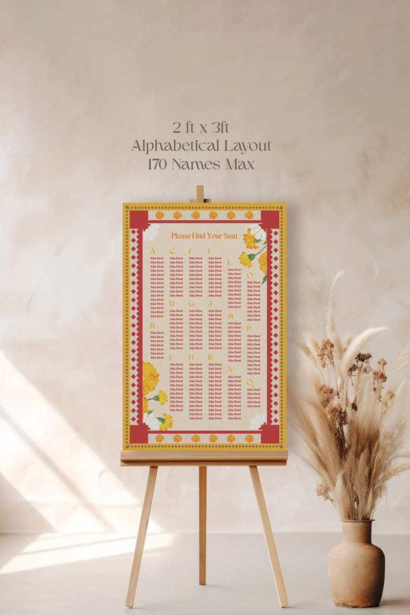 Retro Wedding Seating Chart with yellow & orange marigold florals. Indian Wedding events for Sangeet, Haldi, Maiyan or Jago. Wedding Signage. Personalize and customize in Canva. Digital Download.  Print around the world at a local print shop.