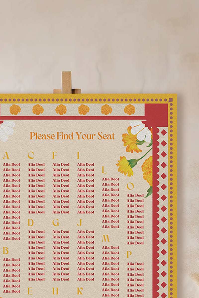 Retro Wedding Seating Chart with yellow & orange marigold florals. Indian Wedding events for Sangeet, Haldi, Maiyan or Jago. Wedding Signage. Personalize and customize in Canva. Digital Download.  Print around the world at a local print shop.