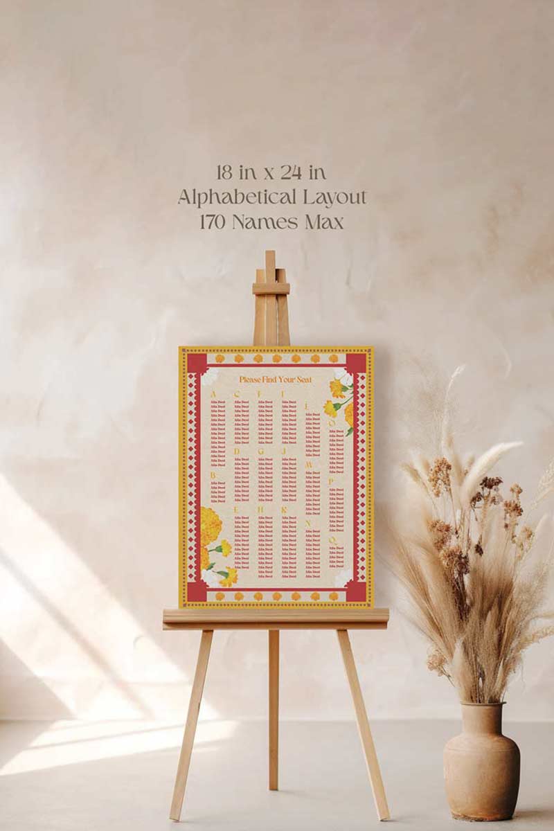Retro Wedding Seating Chart with yellow & orange marigold florals. Indian Wedding events for Sangeet, Haldi, Maiyan or Jago. Wedding Signage. Personalize and customize in Canva. Digital Download.  Print around the world at a local print shop.