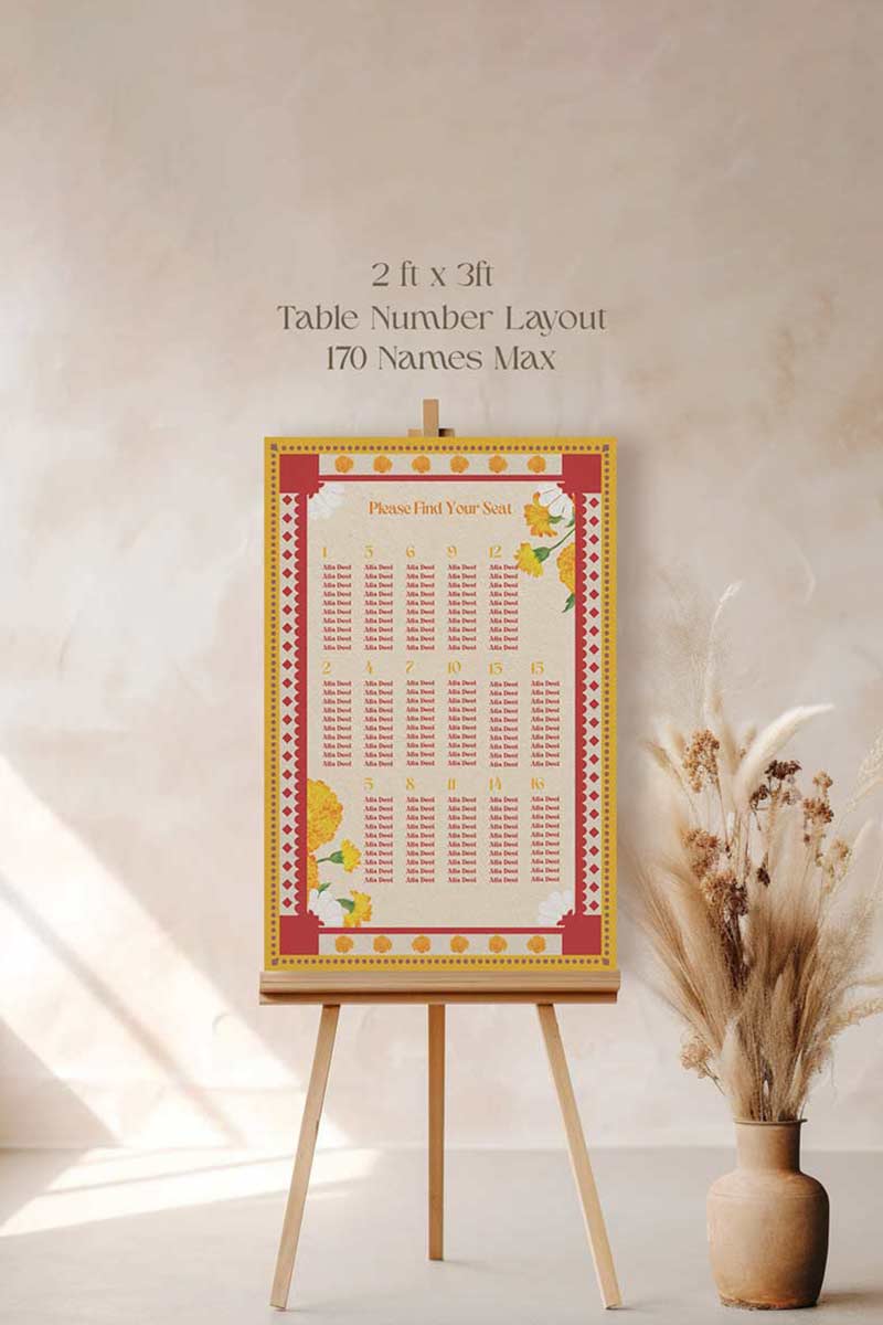 Retro Wedding Seating Chart with yellow & orange marigold florals. Indian Wedding events for Sangeet, Haldi, Maiyan or Jago. Wedding Signage. Personalize and customize in Canva. Digital Download.  Print around the world at a local print shop.