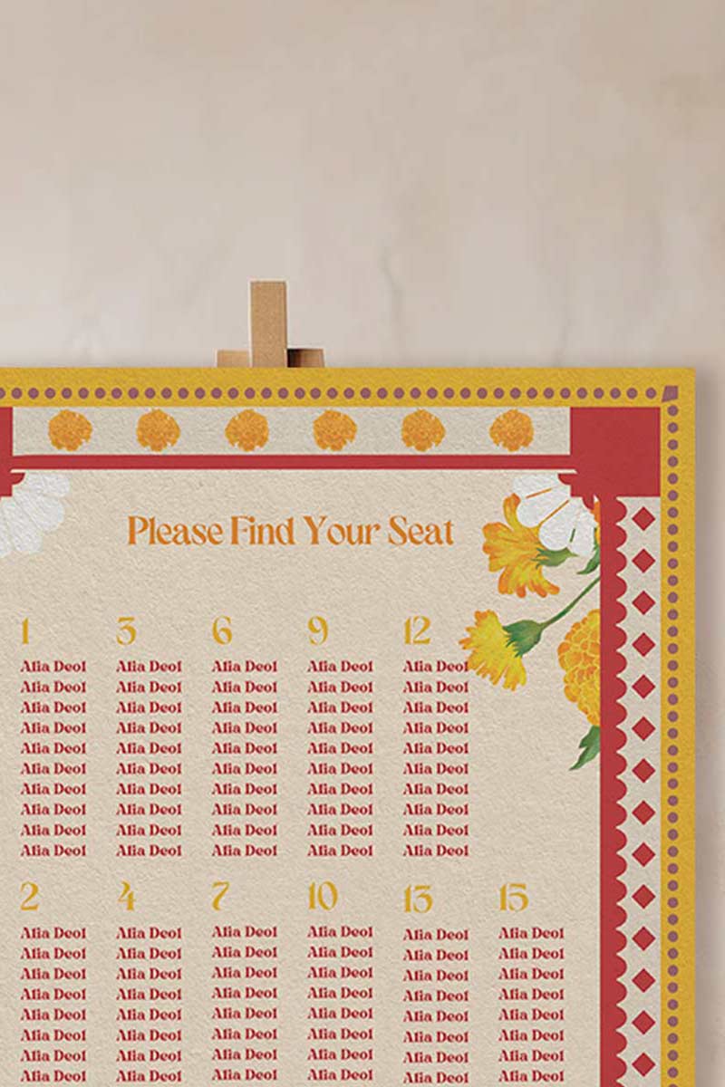 Retro Wedding Seating Chart with yellow & orange marigold florals. Indian Wedding events for Sangeet, Haldi, Maiyan or Jago. Wedding Signage. Personalize and customize in Canva. Digital Download.  Print around the world at a local print shop.