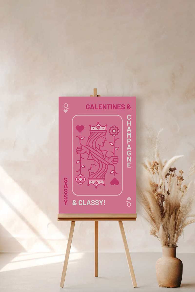 Hot Pink Queen of Hearts Welcome Sign. Celebrations events for Galentines, Valentines, Girls Night, Stag or Bridal Shower. Signage. Pretty in Pink. Personalize and customize in Canva. Digital Download. Print around the world at a local print shop.