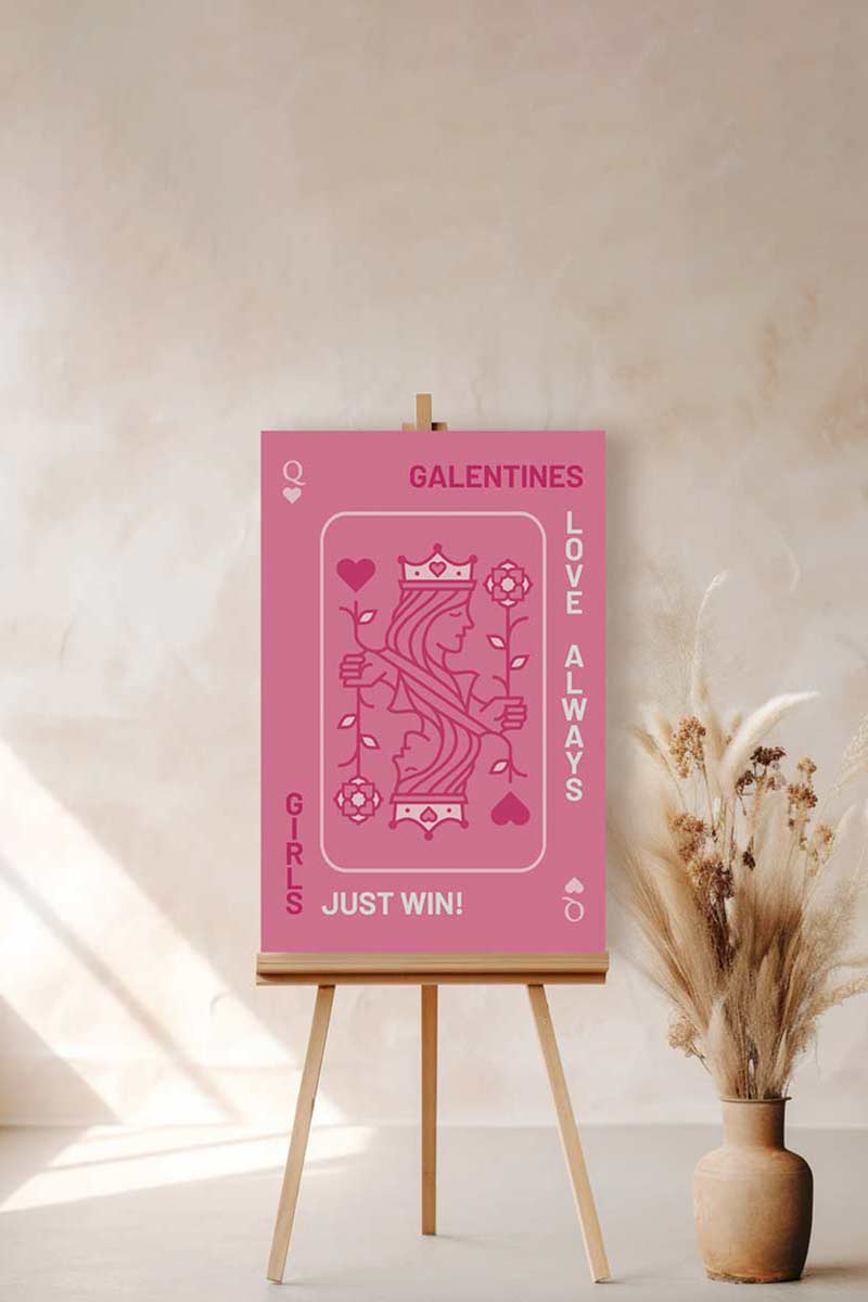 Hot Pink Queen of Hearts Welcome Sign. Celebrations events for Galentines, Valentines, Girls Night, Stag or Bridal Shower. Signage. Pretty in Pink. Personalize and customize in Canva. Digital Download. Print around the world at a local print shop.