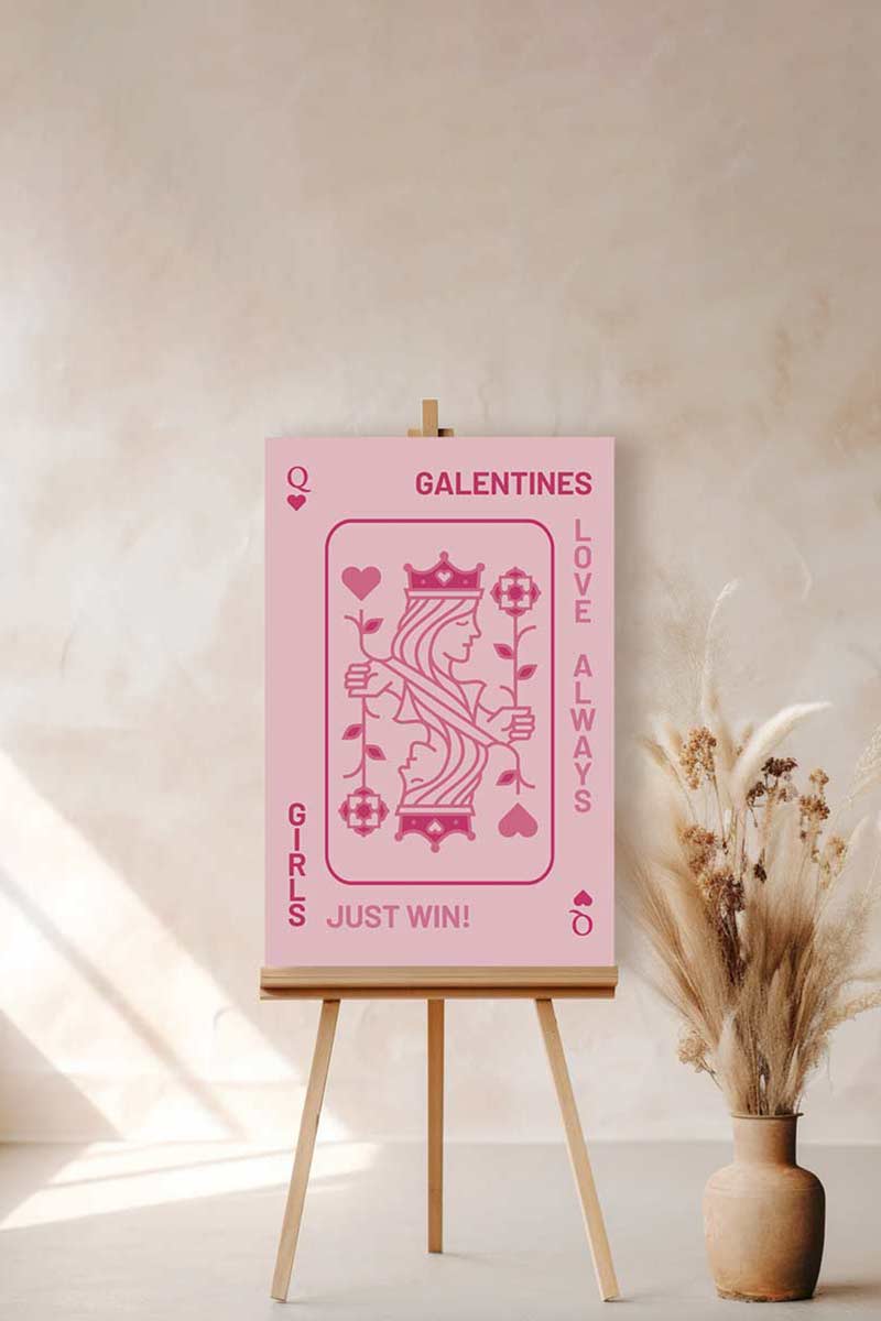 Hot Pink Queen of Hearts Welcome Sign. Celebrations events for Galentines, Valentines, Girls Night, Stag or Bridal Shower. Signage. Pretty in Pink. Personalize and customize in Canva. Digital Download. Print around the world at a local print shop.