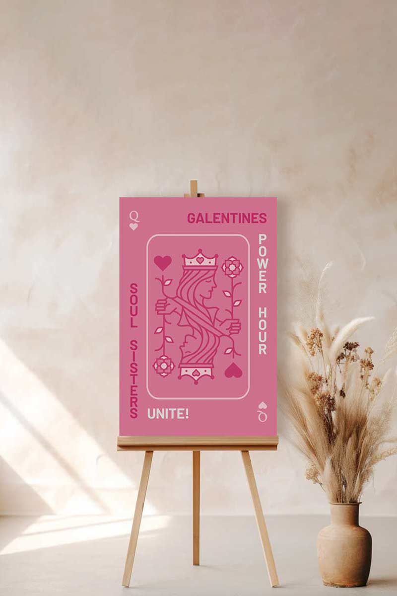 Hot Pink Queen of Hearts Welcome Sign. Celebrations events for Galentines, Valentines, Girls Night, Stag or Bridal Shower. Signage. Pretty in Pink. Personalize and customize in Canva. Digital Download. Print around the world at a local print shop.