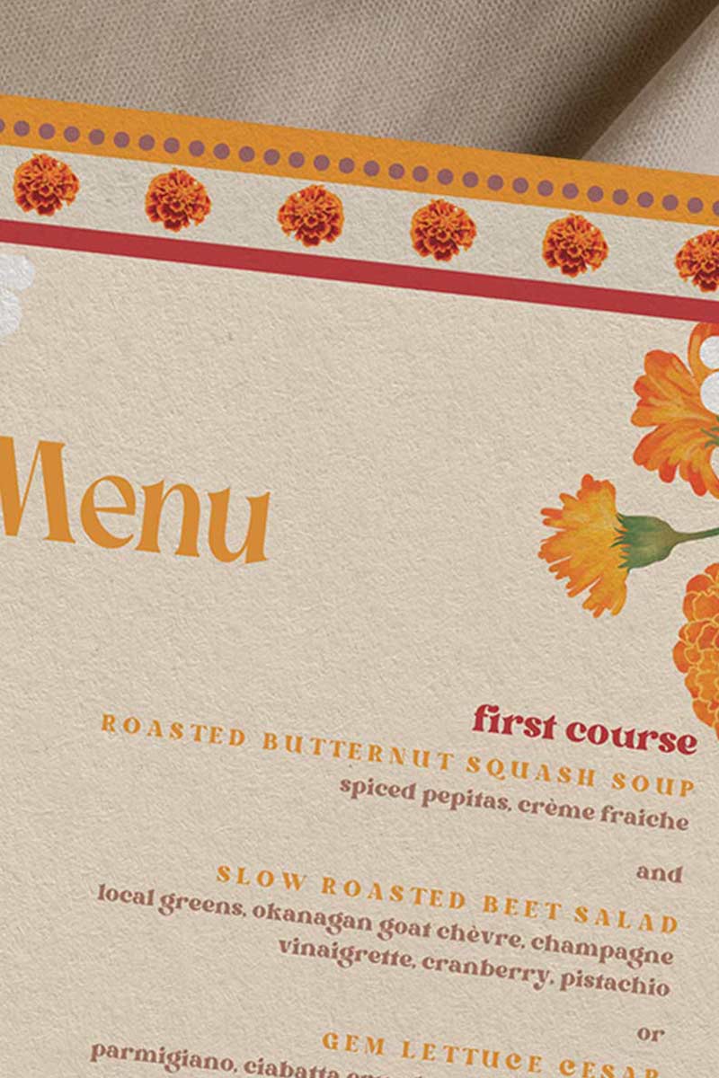 Retro Wedding Menu with yellow & orange marigold florals. Indian Wedding events for Sangeet, Haldi, Maiyan or Jago. Wedding Signage. Personalize and customize in Canva. Digital Download.  Print around the world at a local print shop.