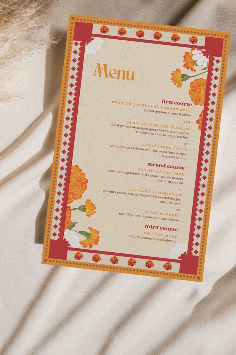 Retro Wedding Menu with yellow & orange marigold florals. Indian Wedding events for Sangeet, Haldi, Maiyan or Jago. Wedding Signage. Personalize and customize in Canva. Digital Download.  Print around the world at a local print shop.