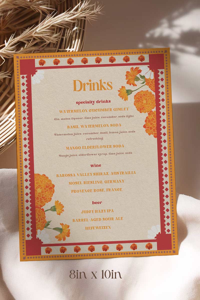 Retro Wedding Bar Menu with yellow & orange marigold florals. Indian Wedding events for Sangeet, Haldi, Maiyan or Jago. Wedding Signage. Personalize and customize in Canva. Digital Download.  Print around the world at a local print shop.